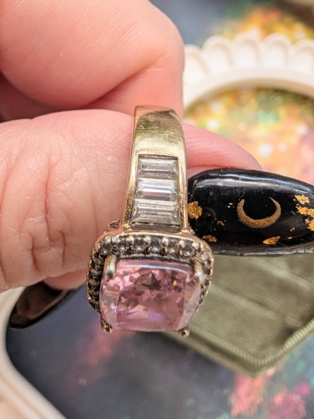 Vintage Sparkling Princess Cut Pink & Clear CZ Sterling Silver Ring, Size 8 - Picture 8 of 16